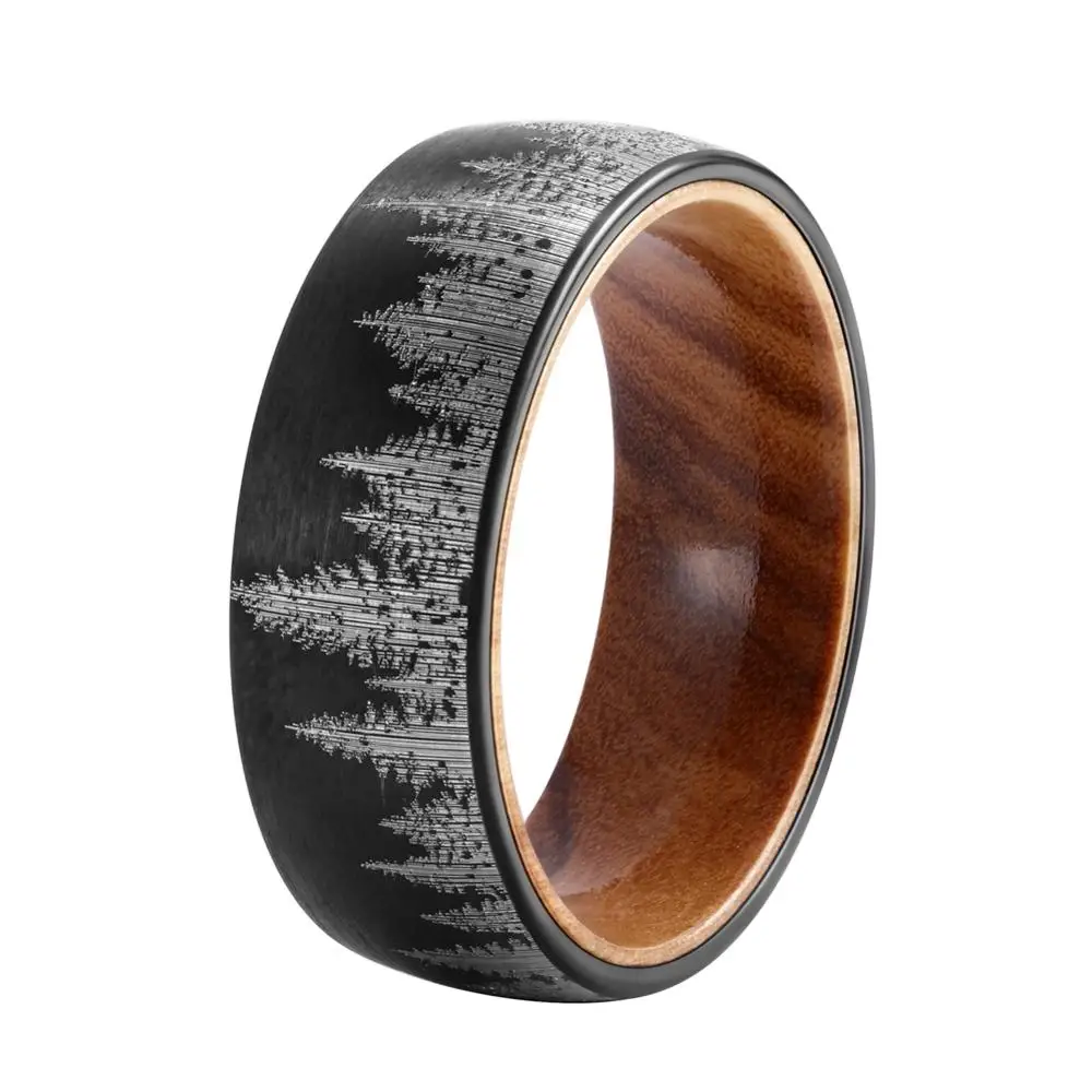 8mm Width Black Hunting Rings Tungsten Carbide Men Band Forest Mountain Ring With Oliver Wood Inside Size 7-12 Comfort Fit