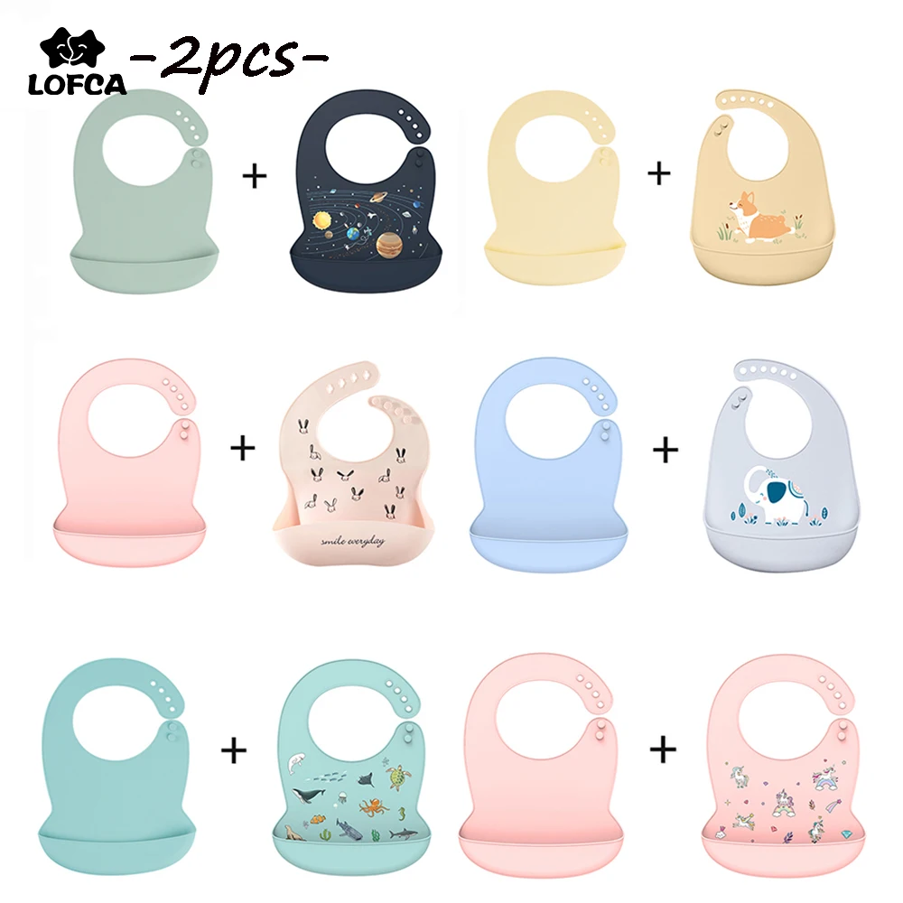 

LOFCA 2pc Silicone Waterproof Bibs For Kids Newborn Baby Bibs Silicone Feeding Baby For Toddler Breakfast Adjustable Feedings