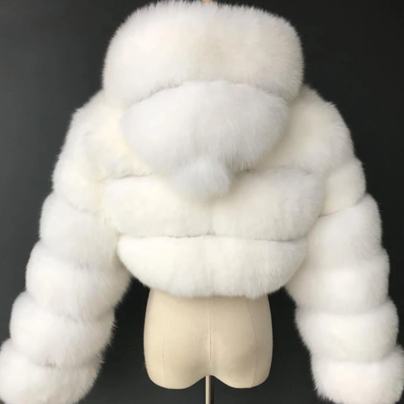 Women Winter Fluffy Furry Long Sleeve Jacket Hooded Full Zipper Solid Color Cropped Short Coat Luxury Warm Outwear S-2XL