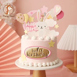 Ballons Pink Bunny Rabbit Decorations Star Love Heart Cake Toppers Happy Birthday Party for Kid Baby Shower Baking Love Gifts