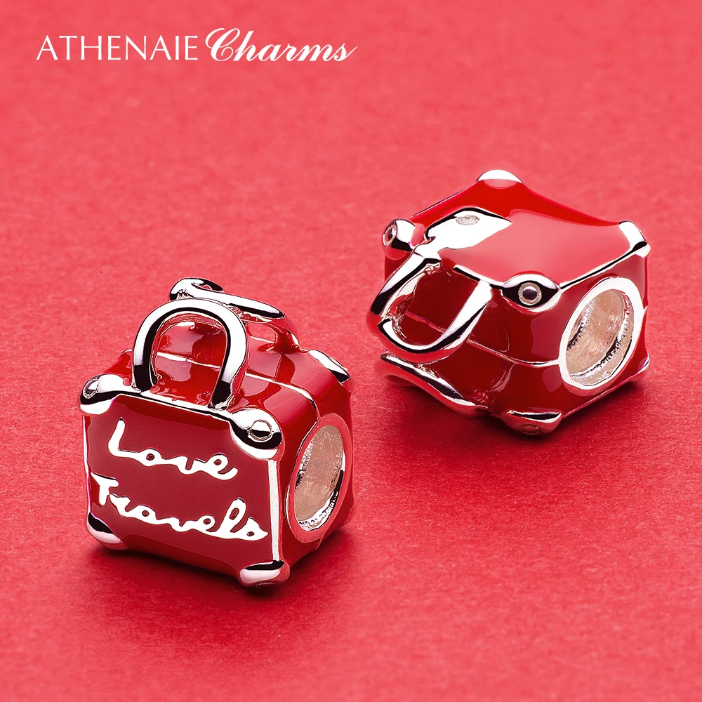 ATHENAIE 925 Sterling Silver Red Enamel Love Travel Bag Charms Beads for Women Bracelet Bangle DIY Jewerly