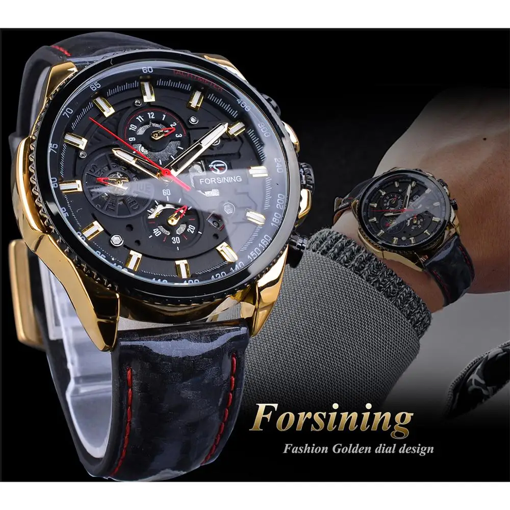 Forsining Brand 3 Sub Dial Mechanical Watch Automatic Calendar Army Racing Car Sport Mens Fabric Leather Band Clock Dropshipping