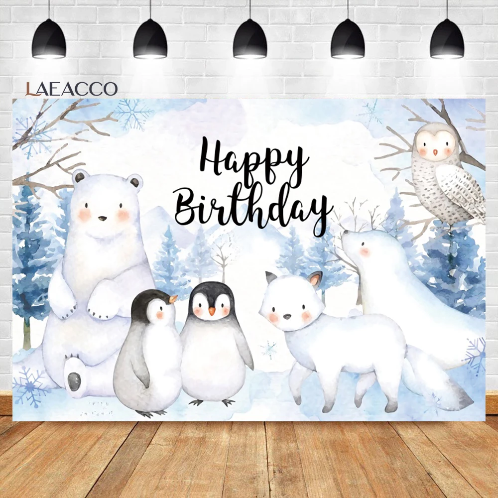 

Laeacco Winter Arctic Animals Baby Shower Background Snowflakes Polar Bear Penguin Kids Portrait Customized Photography Backdrop