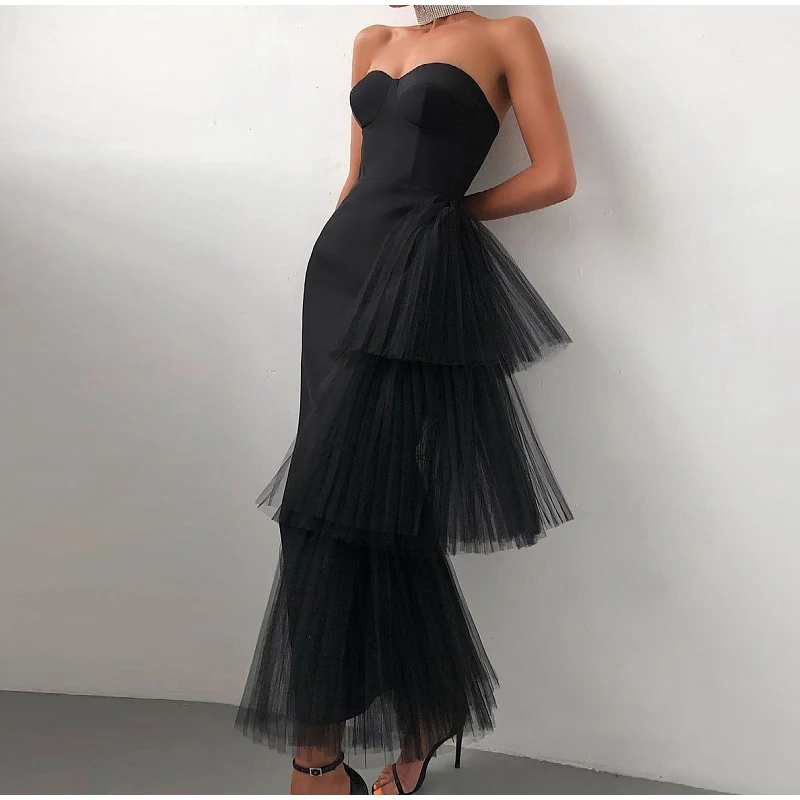 2021  Modern Sweetheart Sleeveless Organza Tiered  Ankle Length Evening Party Dress Black/Blush Pink Soft Satin Formal Gowns