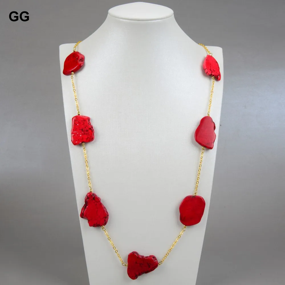 GuaiGuai Jewelry 32-39MM Red Gems Imperial Jasper Turquoise Chain Necklace 35''