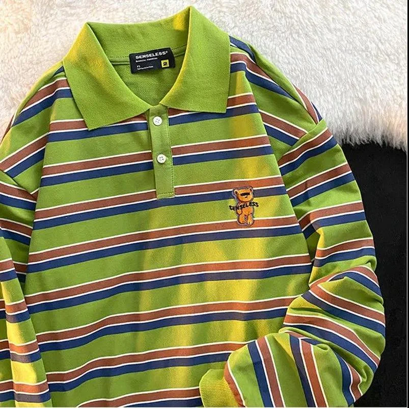 New High Quality England Style Cartoon Avocado Green Striped POLO Collar Sweatshirt Oversized Long Sleeve Tops Clothes for Teens