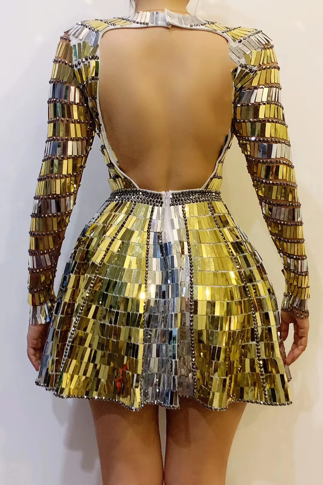 Gold Silver Shining Sequins Rhinestones Dresses for Women Birthday Celebrate Backless Mirror Short Dress Singer Dancer Costumes