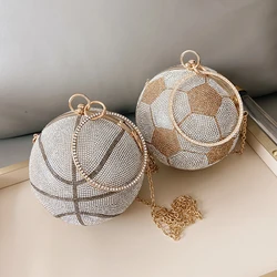 Bolsos de mano de baloncesto de diamantes de lujo para mujer, forma de fútbol, monedero de fiesta de boda y bolso de mano, bolso de noche dorado y plateado