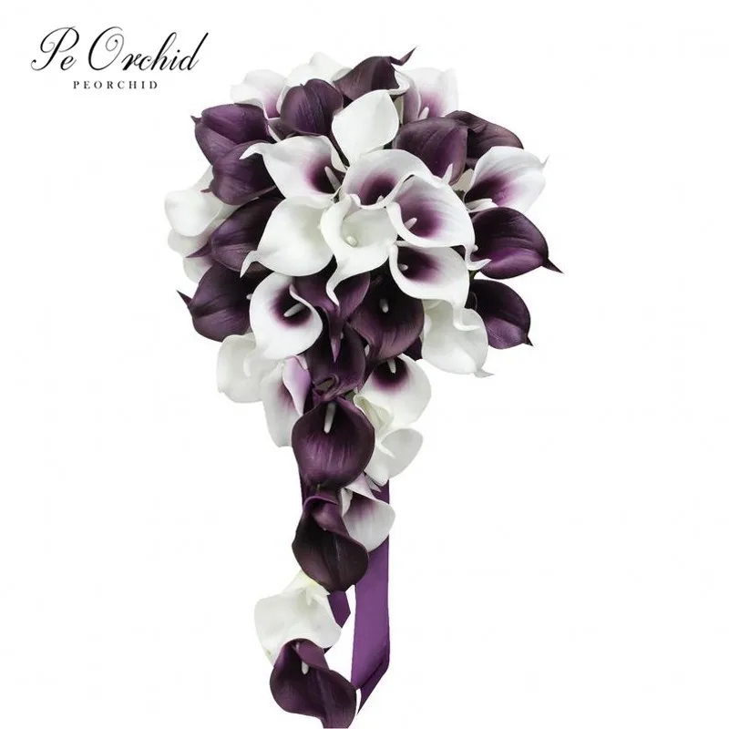 

PEORCHID Purple Calla Lily Bridal Bouquet Waterfall Artificial flowers Bride Wedding Throwing Bouquet Cascada Ramo flores Custom