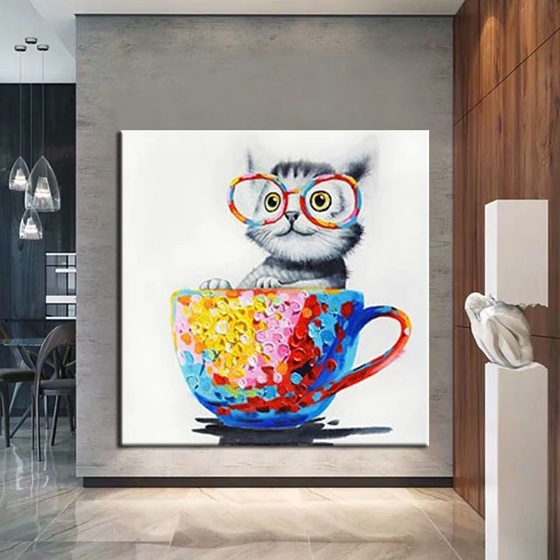 

100% Hand Painted Handmade Cartoon Cat Oil Painting Palette Knife Painting Cartoon Canvas Wall Art For Living Room Artwork