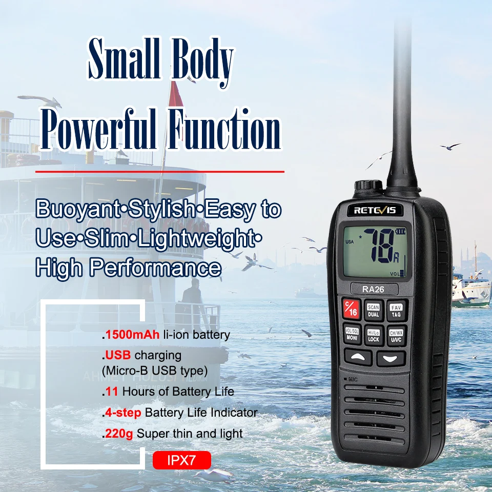 Imagem -04 - Retevis-rádio Marítimo Vhf Portátil Walkie Talkie Flutuante Ip67 à Prova Dágua Vibração 5w Drenagem de Água Longo Alcance Ra26