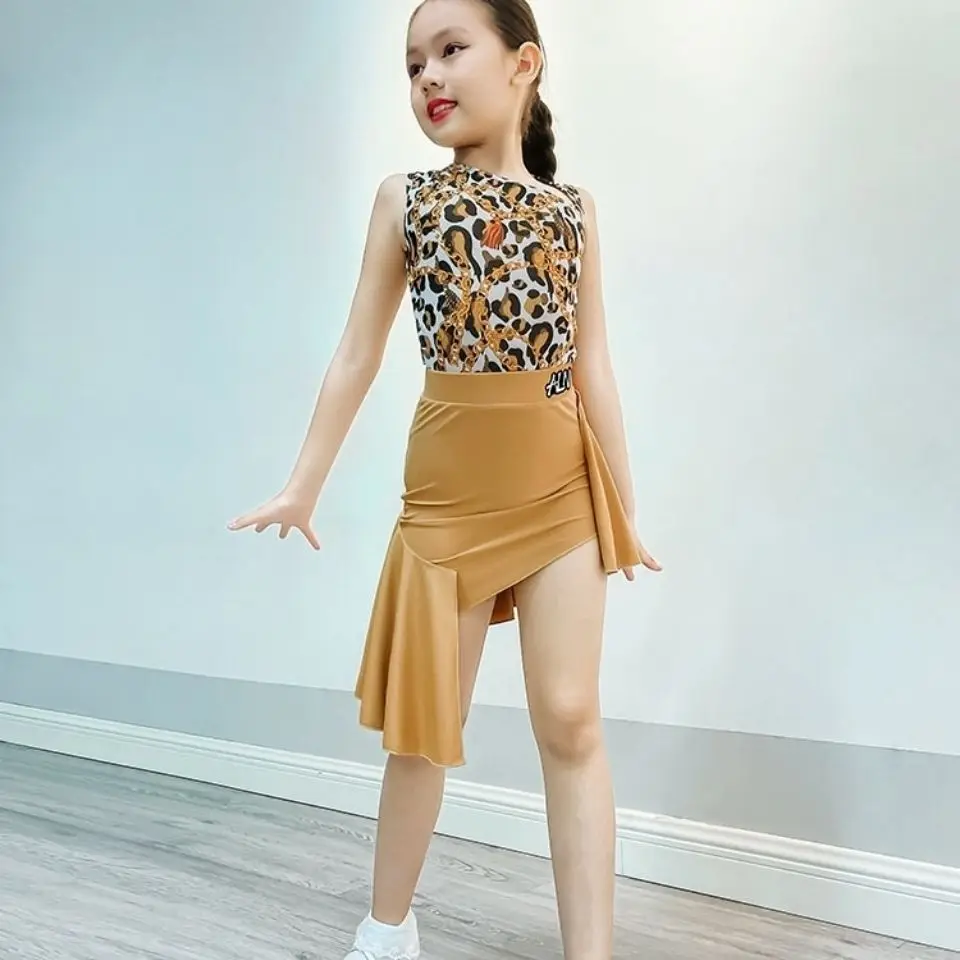 Vestido de baile latino profesional, ropa de práctica, falda de actuación de baile para niña y mujer, traje dividido de leopardo sin mangas para verano