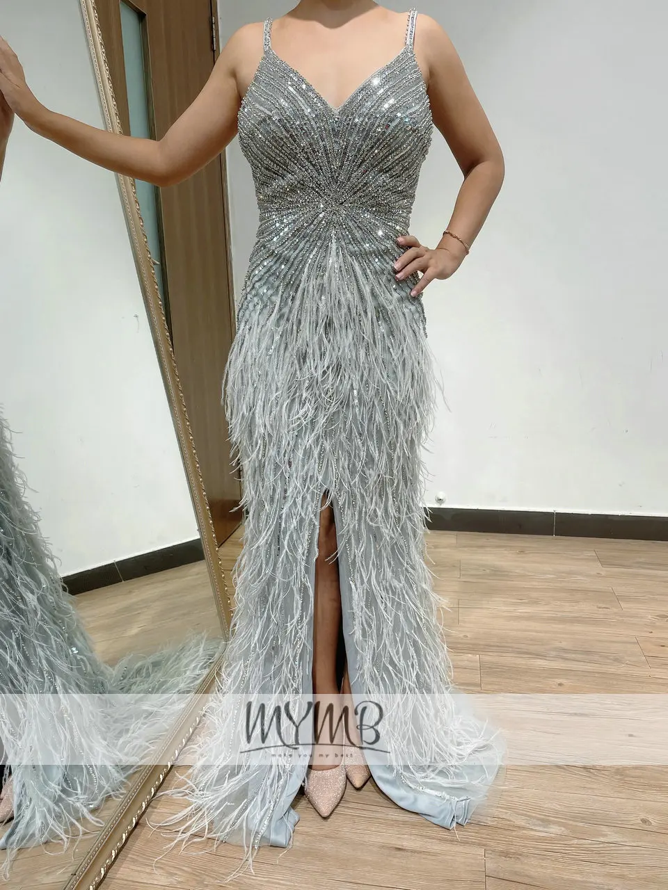 Hoge Kwaliteit Spaghetti Strap Wedding Party Jurk 2022 Avond Formele Slijtage Mymb Merk Kralen Couture Feather Jurk