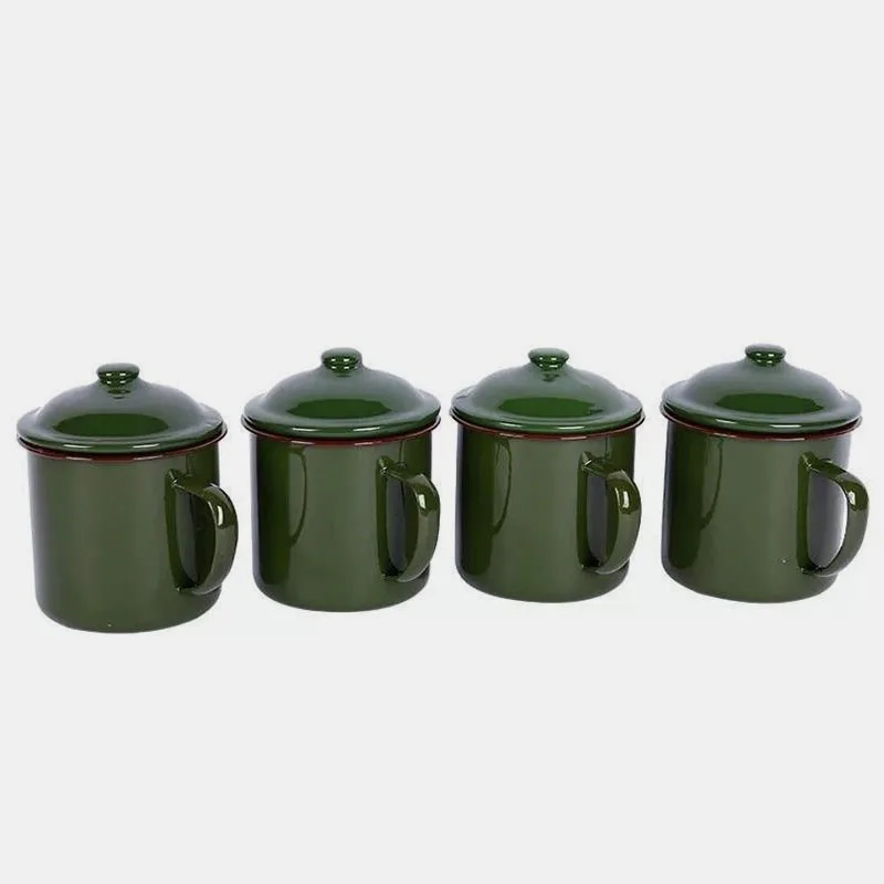 Enamel Camping Mug with Lid, Rust Free, Good Quality, Unbreakable Plain Military Army, Olive Green, Cookable, Heatable, 370ml