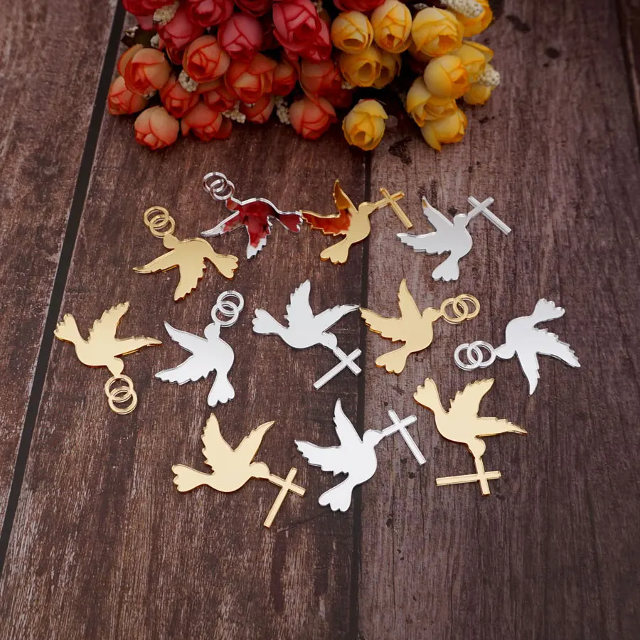 50pcs/Lot 5cm Pigeon Shape Acrylic Cutting Mirrored Dove with Cross/Rings Acrylic Tags DIY Christening Home Decoration