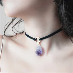 Purple Crystal Choker Necklace Witchy  Jewelry Raw Stone Pendant Black Layering Choker Boho Style Fashion Women Gifts 2020 new