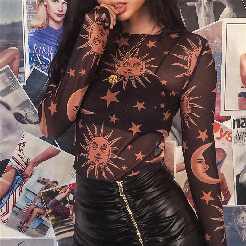 Sun Moon Printed Transparent Mesh Sexy T-Shirt Women O-Neck Long Sleeve Slim Basic Casual Female Tops 2023 Spring New