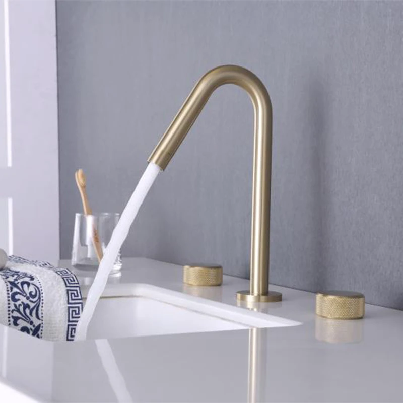 

Luxury Basin Faucet Brushed Gold Widespread Bathroom Sink Faucet 2 Handles 3 Holes Bathroom Facuet Basin Mixer Taps Cooper Taps