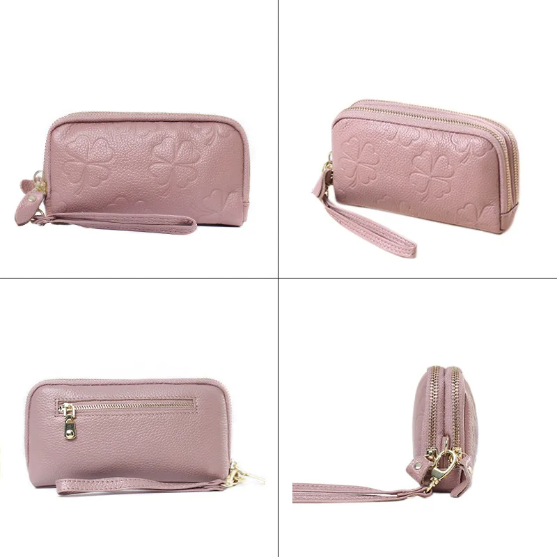 Portafoglio lungo da donna con fiori in rilievo alla moda Borsa da polso con doppia cerniera in vera pelle Pochette da donna Borsa per telefono in