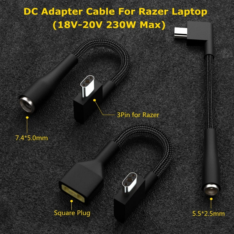 DC 5.5*2.5 7.4*5.0mm Female to 3pin Plug Adapter Converter Laptop Charging Cable for Razer Blade Pro 15 17 RC30-024801