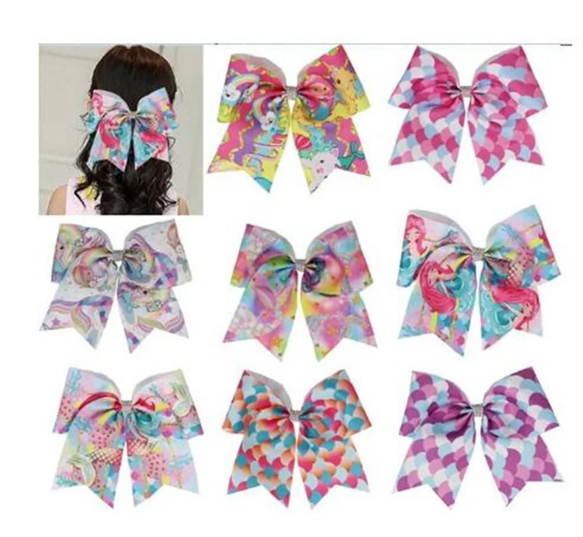 

4PCS /7.5inch mermaid scale Cheer Bow Holder print Ribbon Hair Bows Cheerleading With Elastic Bands HairBow for Girls