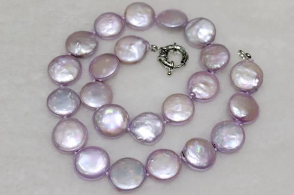 Free shipping 15-16mm freshwater pearl necklace coin lavender 17