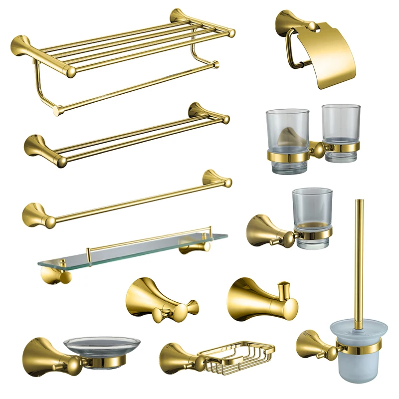 

Bright Gold Polish Bathroom Hardware Accessories Set Cloth Robe Hook Towel Rail Bar Rack Glass Shelf Toilet Brush Paper Holder