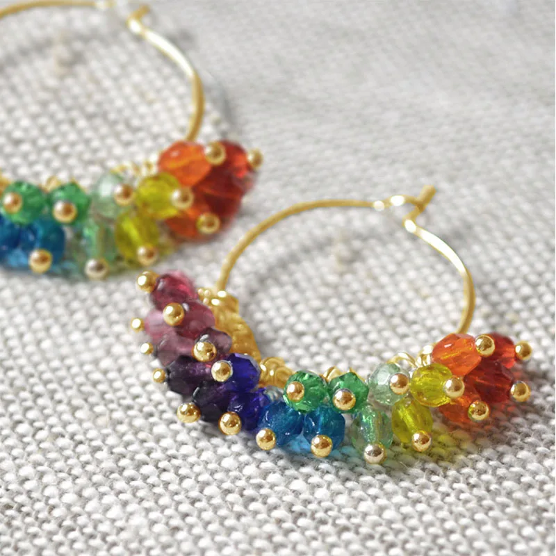 Rainbow Hoop Earrings, Silver, Czech Glass Beads, Beaded Cluster, Small Silver Plated Hoops, Bright and Fun, Colorful Jewelry