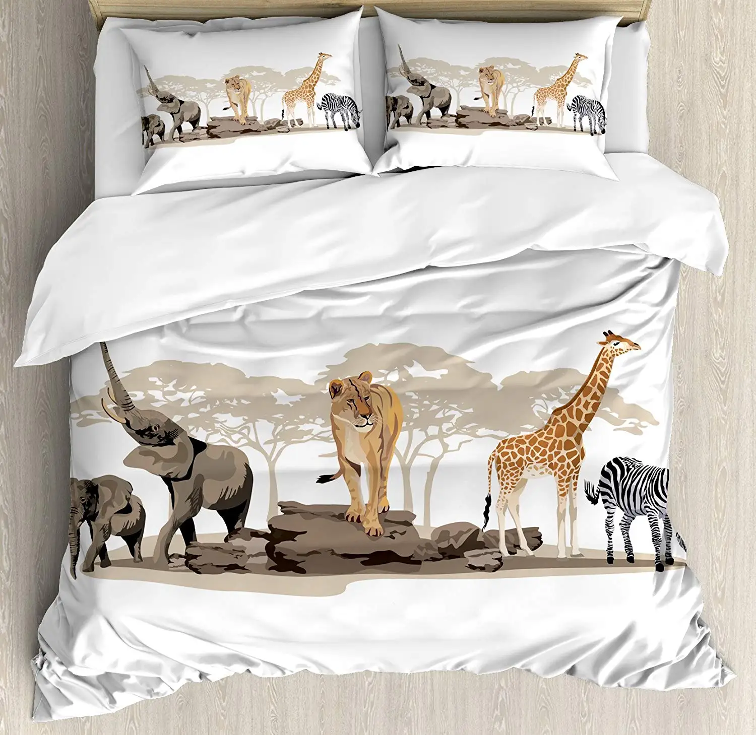 

Safari Duvet Cover Set Queen Size Illustration of Wild Savannahs African Animals Exotic Giraffe Lion Elephant Zebra Decorative