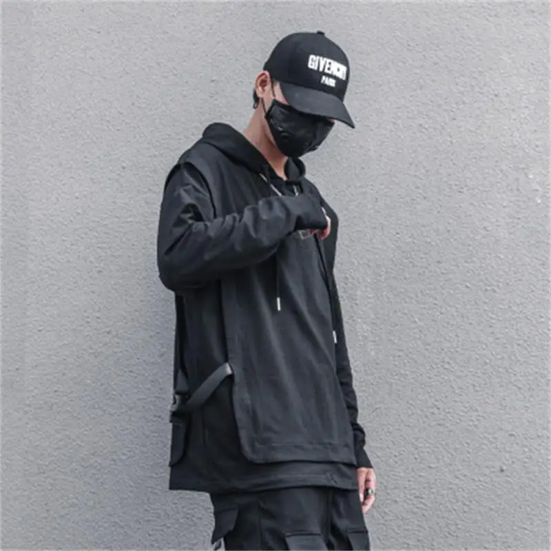 

Dark character pure yarn-dyed ribbon clip decorative stitching sleeve with hat loose autumn hoodie dance hoodie man