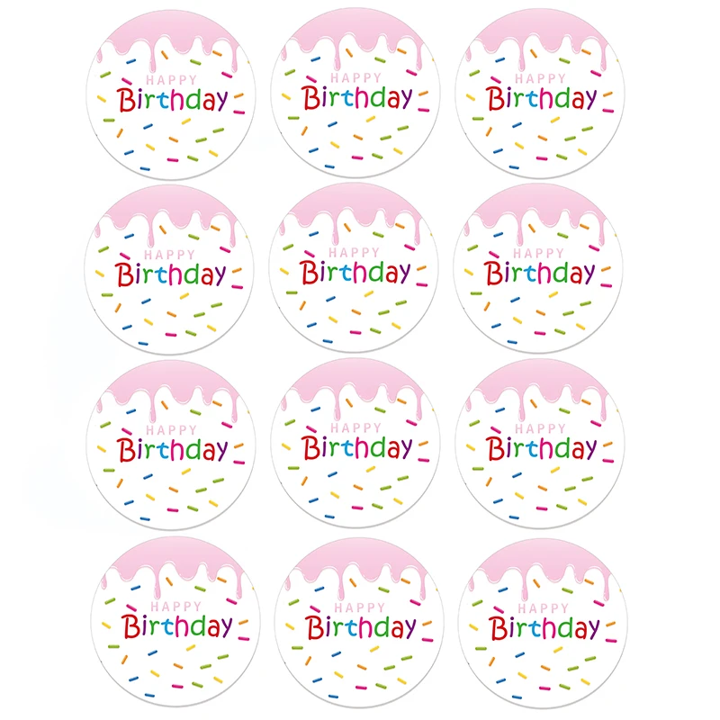 24/48Pcs Round Happy Birthday Party Label Stickers Baby Cake Baking Gift Packaging Box Self-Adhesive Waterproof Seal Stickers