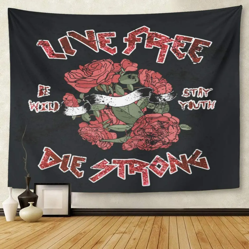 Graphic Rock Message with Old School Flowers Tee Girl Tapestry Wall Hanging for Living Room Bedroom Dorm 60x80 Inches