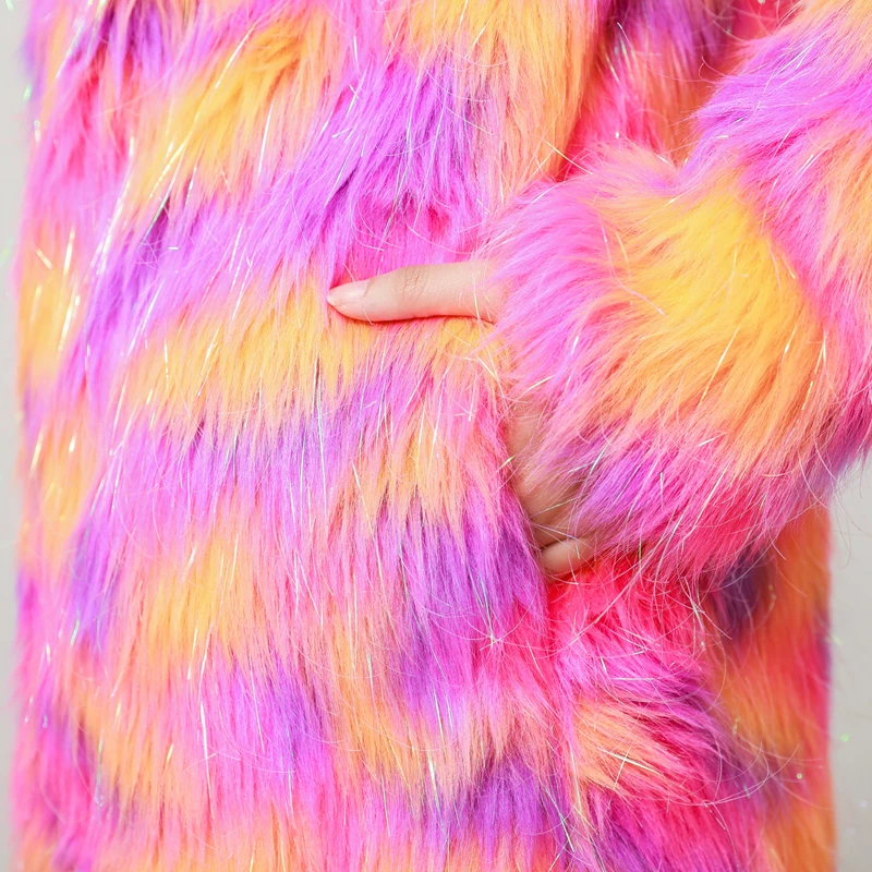 Women Faux Fur Jacket Multicolor Sparkling Long Sleeve Fourrure Femme Fluffy Hairy Warm Fake Fur Coat Winter Slim Outerwear