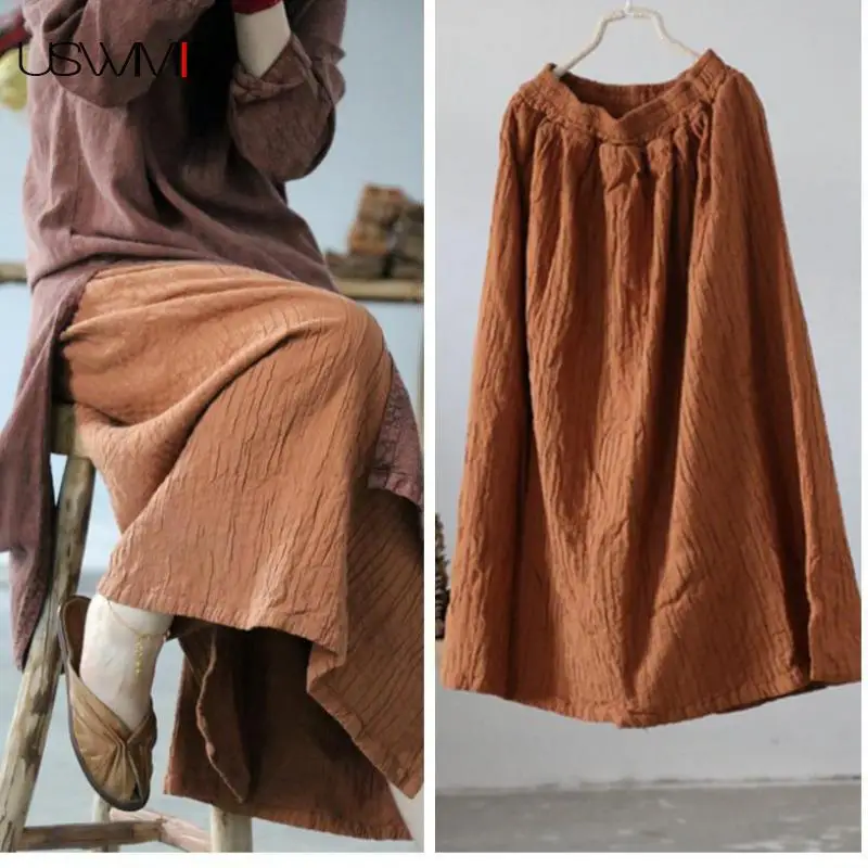 

2020 Autumn Skirt Literature Retro Simple Pure Color Elastic Waist Long Section Soft Loose Comfort Linen Ladies Skirt