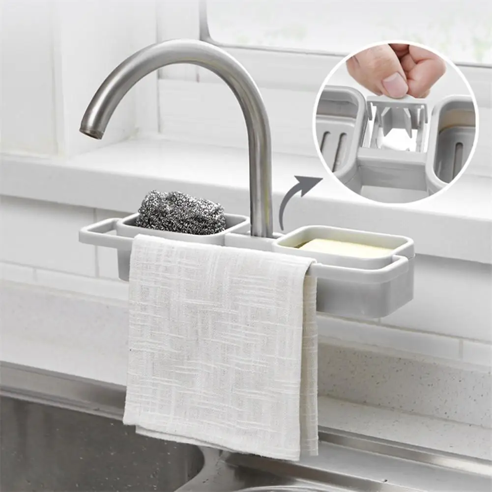 Kitchen Sink Faucet Holder Sponge Soap Cloth Storage Organizer No Drills Multi-functional Storage Drain Rack Shelf