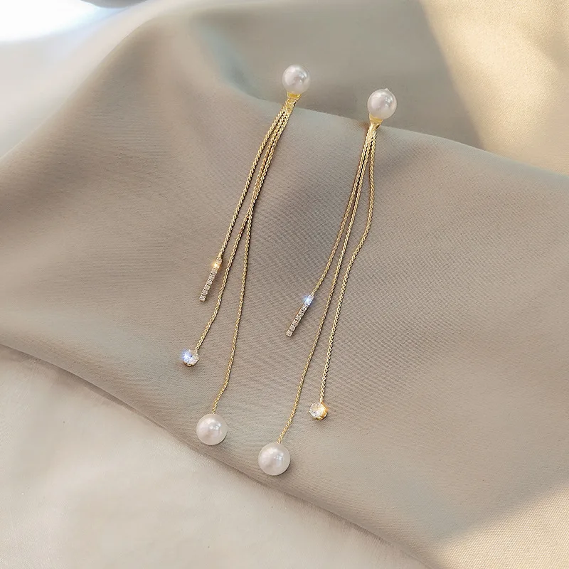 2021 Fashion New Temperament Earrings Wild Simple Tassel Elegant Pearl Crystal Two Wear Long Women's Earrings Manufacturer Sales