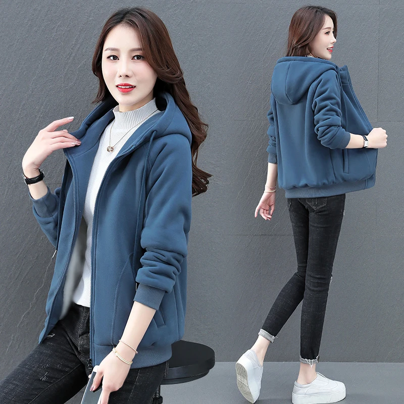 2023 New Lady Loose Korean Pure Color Hooded Jacket Autumn Winter Warm Plush Thickened Women\'S Top Clothes