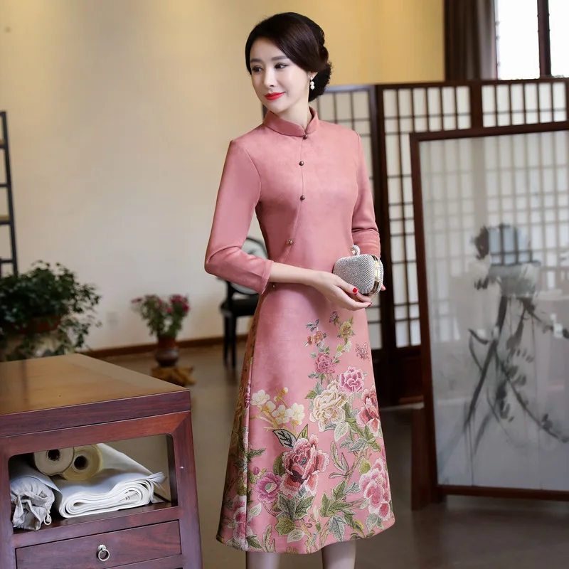 Velvet Dress Women Winter  Flora Print Chinese Traditional Dress Long Sleeve Cheongsam Qipao Chinese Oriental Long Dresses