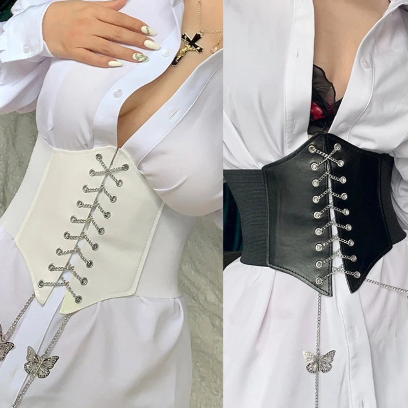 

Poylester Sexy Waist Band Elastic Stretch Wide Vest Metal Chain Bow Corset Metal Chain Metal Chain Shape Back