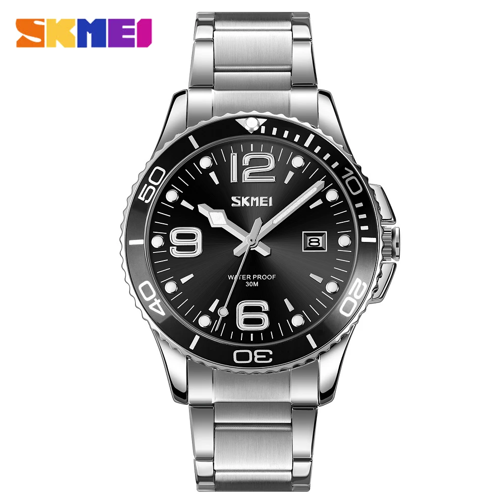 SKMEI Classic Design Quartz Watch For Men Luxury Full Steel Sport Waterproof Mens Watches Top Brand Date Display Male Clock