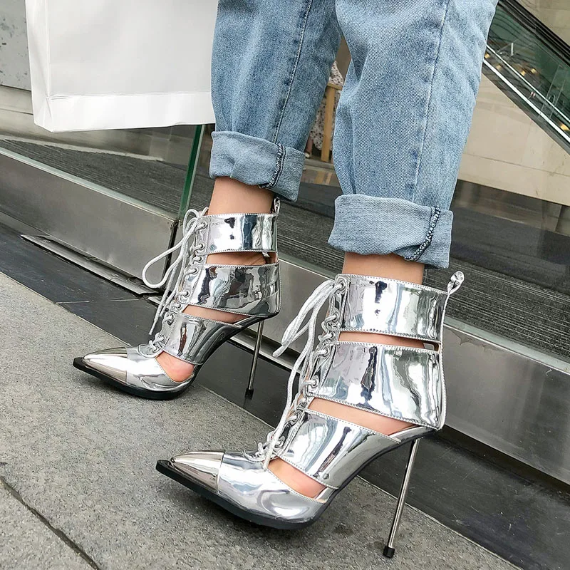 

2021 Summer Pumps Metal Pointed Toe Thin Heels Genuine Leather Cool Boots High Heels Lace Up Hollow Martin Boots Women Shoes