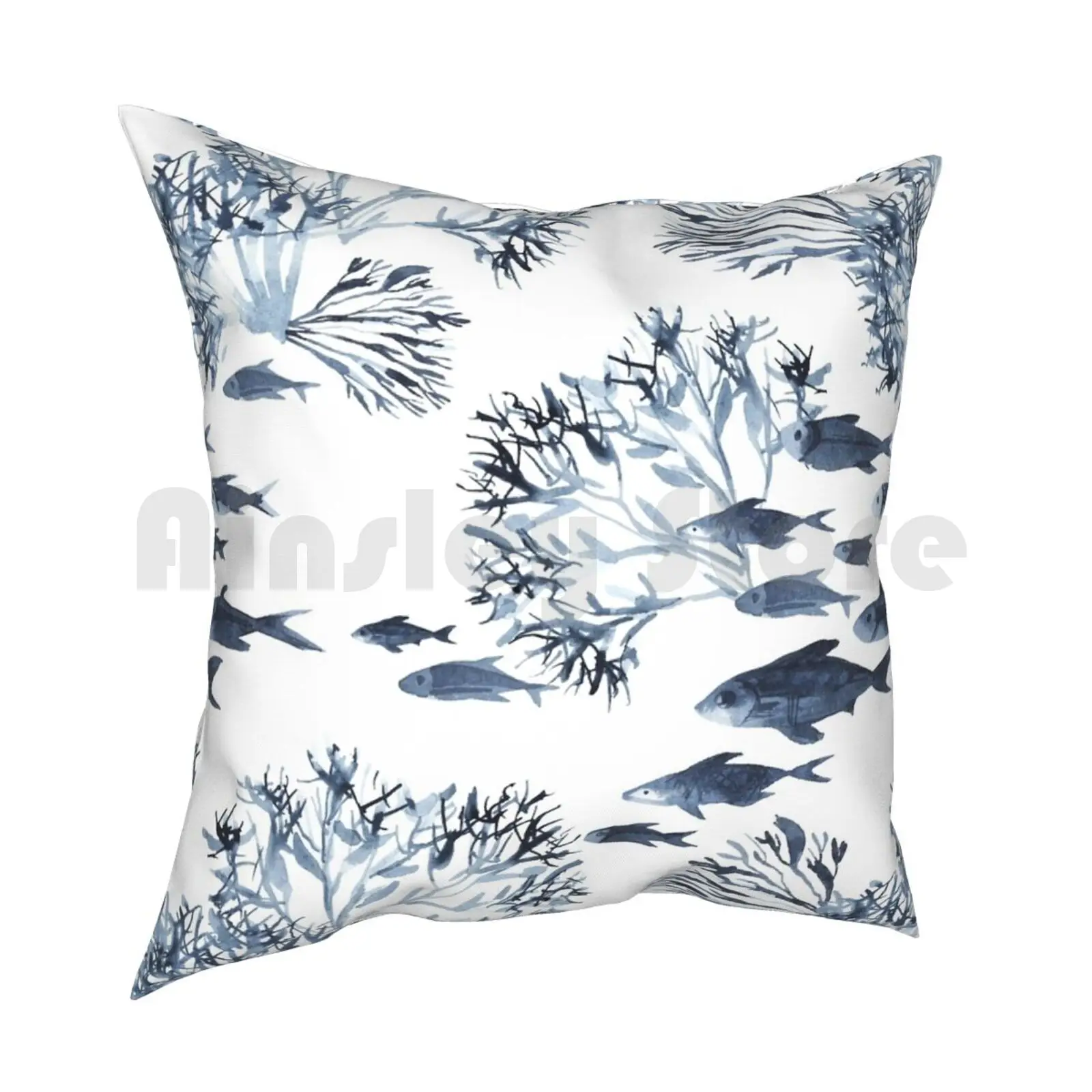 Coral Reef Watercolor Blue Pillow Case Printed Home Soft Throw Pillow Coastal Marine Seahorse Blue Sapphire Seashell