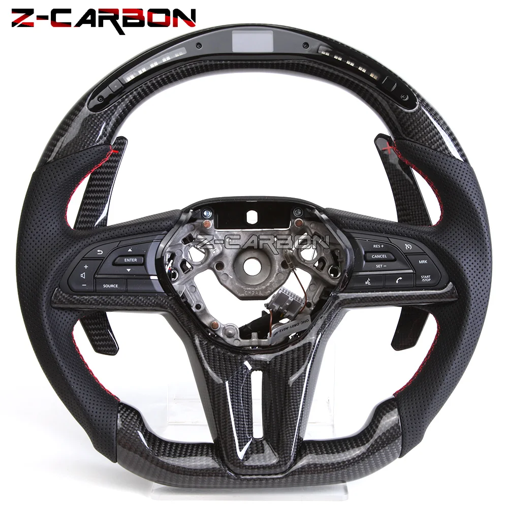 

Светодиодный руль из углеродного волокна по индивидуальному заказу, перфорированный кожаный руль, подходит для гоночного колеса Nissan GTR R35 2017-2024 с переключателями весла