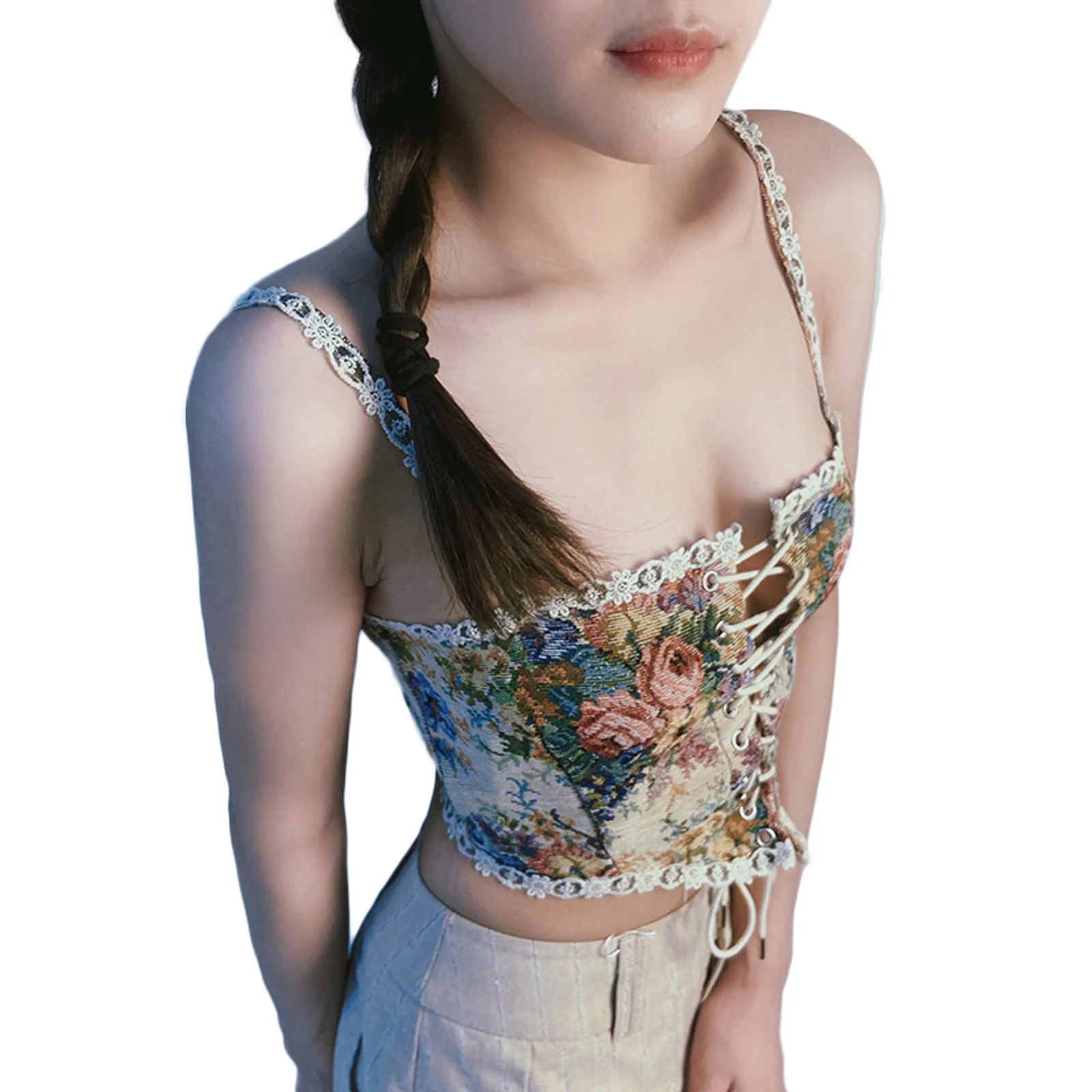 Women Summer Retro Corset Flower Print Spaghetti Strap Low-Cut Sleeveless Bandage Crop Tops for Girls Camis