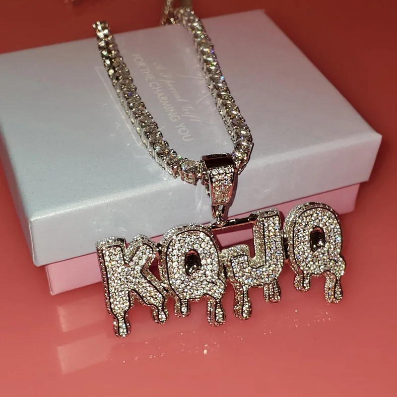 Unique Customized Name Necklace Zircon Copper Drippy Letters Pendant  with Tennis chain Name Words Jewelry Hip Hop