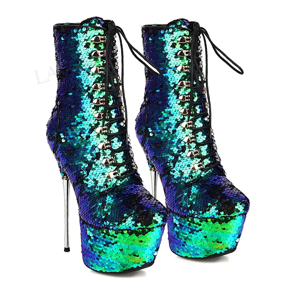 

LAIGZEM Женские ботильоны с блестящими блестками, 2-сторонние цвета, металлические ботильоны на высоком каблуке, вечерние клубные туфли, Botas Mujer, большой размер 33, 42, 43