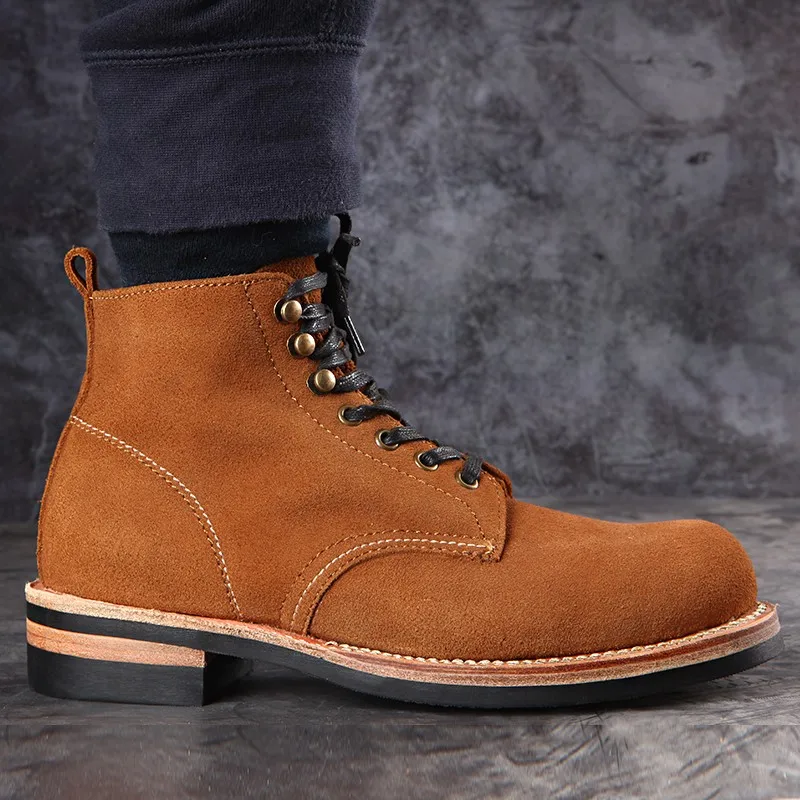 Autumn Cowhide Genuine Leather High Top Work Shoes Men Lace Up Platform Vintage Cowboy Ankle Boots Fashion Men Motorcycle Boots