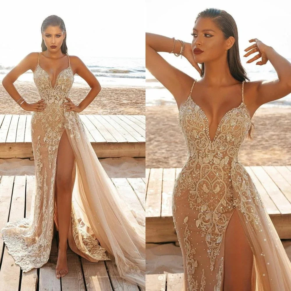 2024 Champagne Mermaid Sexy High Split  Prom Dresses robes de soirée Spaghetti Straps Lace Beaded Evening Gowns Sweep Train