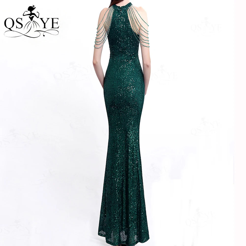 Halter Neck Green Prom Dresses Sequin Long Evening Gown Beading Shoulder Fitted Prom Gown Glitter Sequin Emerald Women Gown