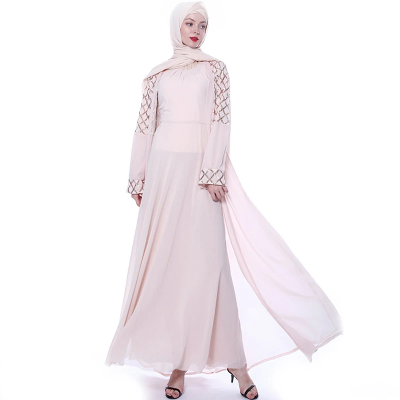 

Abaya Womens Fashion Robes Summer Long Sleeve Sequins Maxi Hijab Dresses Fashion Splicing Muslim Chiffon Elegant Cardigan Dress